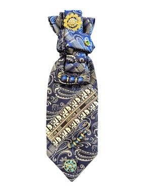Upcycle Navy Paisley Silk Tie with Gold Accent